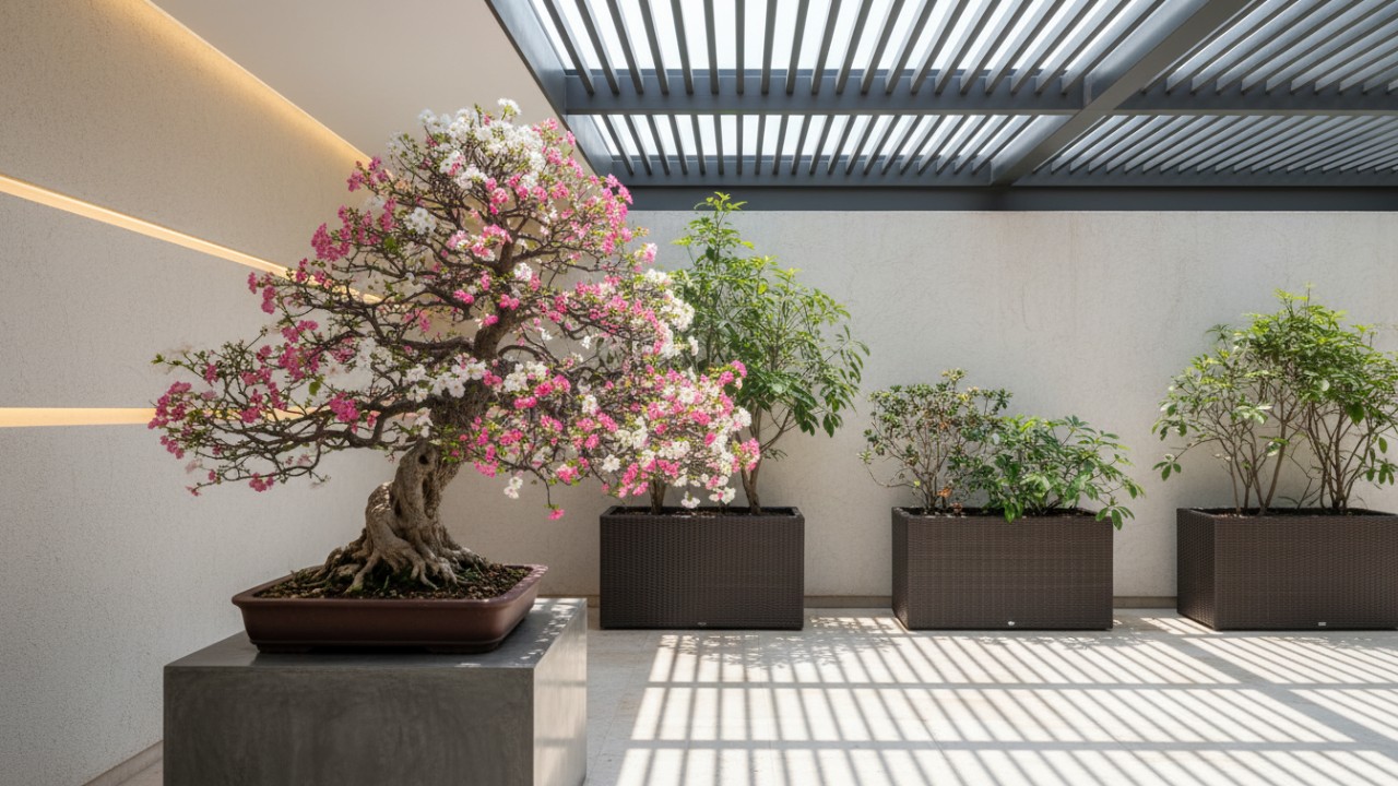 Bonsai berbunga sebagai fokus visual teras modern.