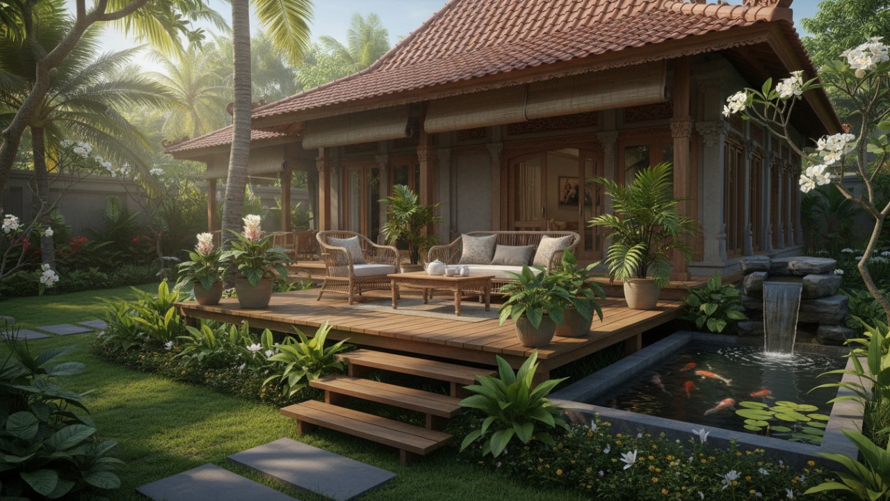 Dek kayu sebagai pusat aktivitas kebun rumah.