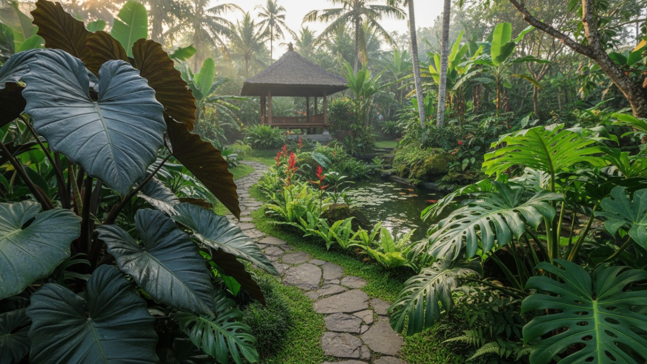 Tanaman hias berdaun lebar memperkaya visual kebun.
