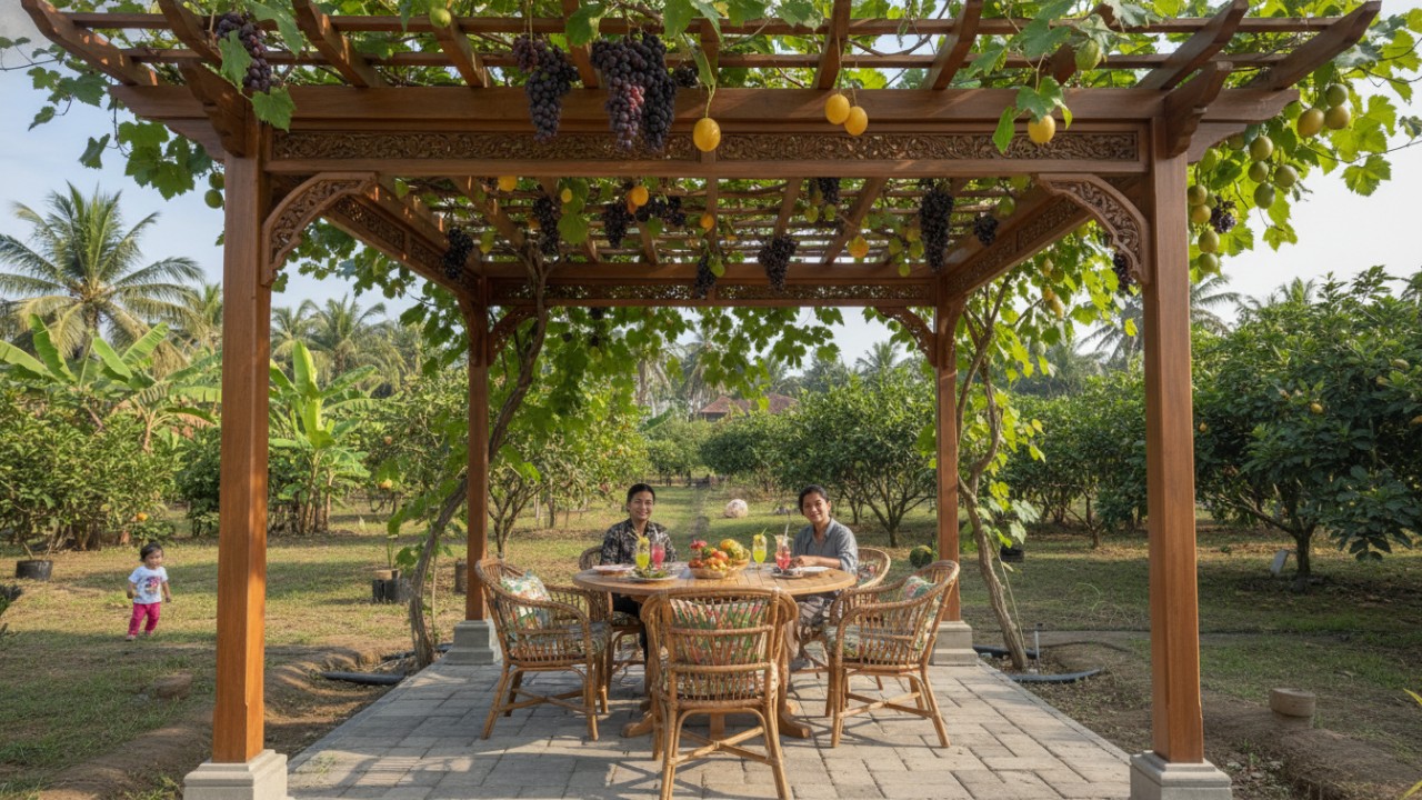 Pergola kayu menopang tanaman rambat di kebun rumah.