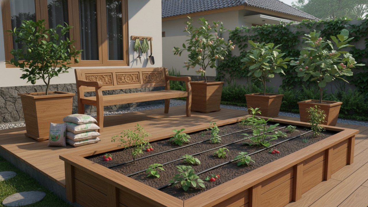 Raised bed kayu membantu pengelolaan media tanam dan Bangku kayu berpadu pot buah di area teras.