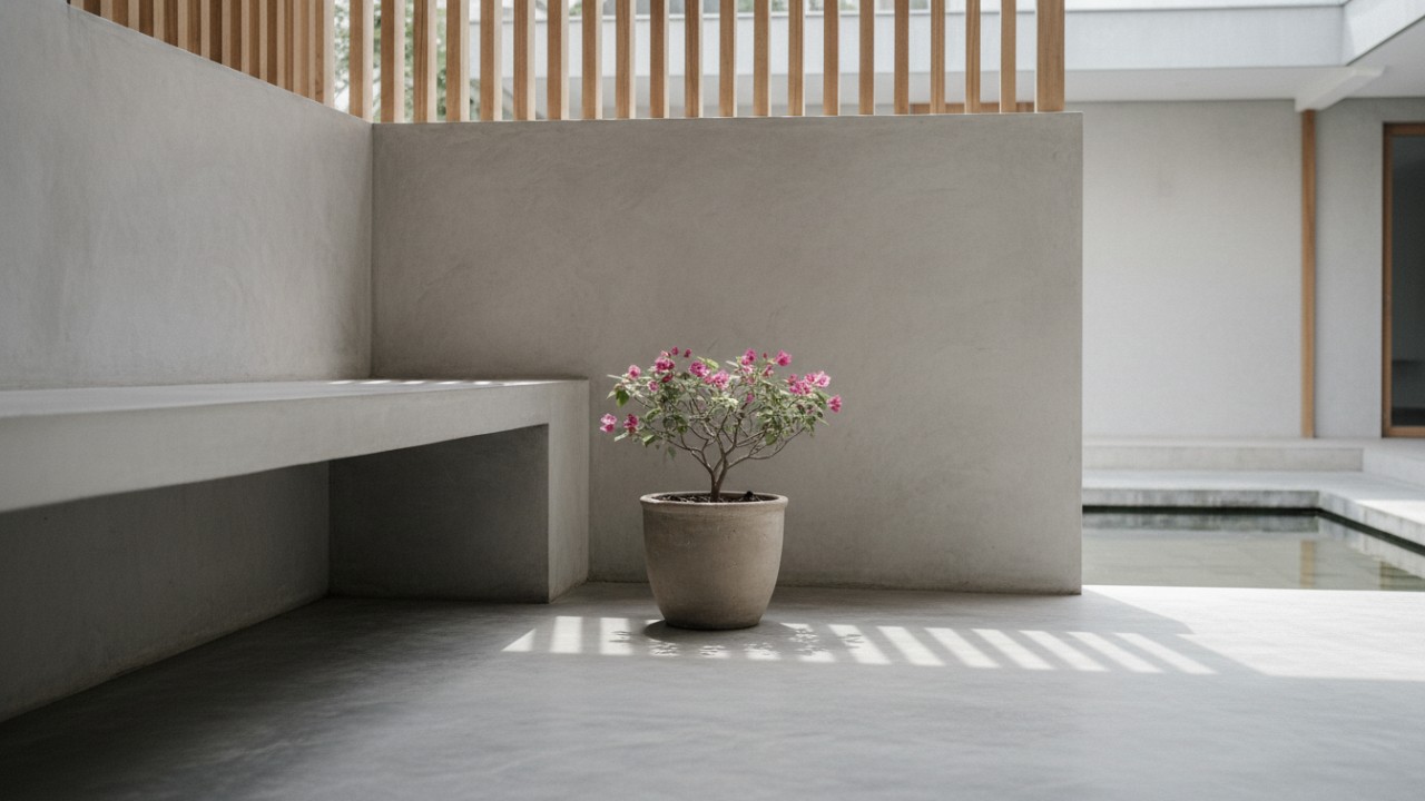 Sudut teras minimalis dengan bougainvillea mini dalam pot netral.