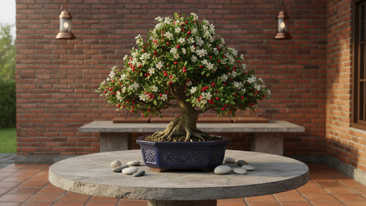 Bonsai berbunga di meja teras memberi sentuhan artistik.