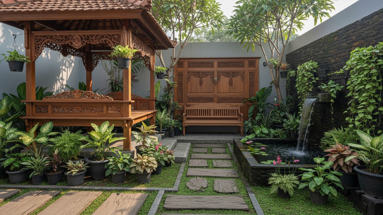 Kebun rumah bernuansa kayu dan tanaman hias yang menghadirkan suasana alami dan seimbang.