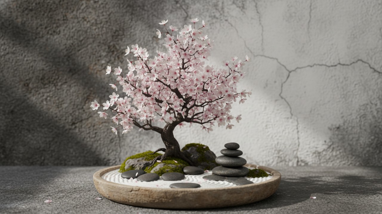 Cherry blossom mini dengan batu dekoratif bernuansa zen.