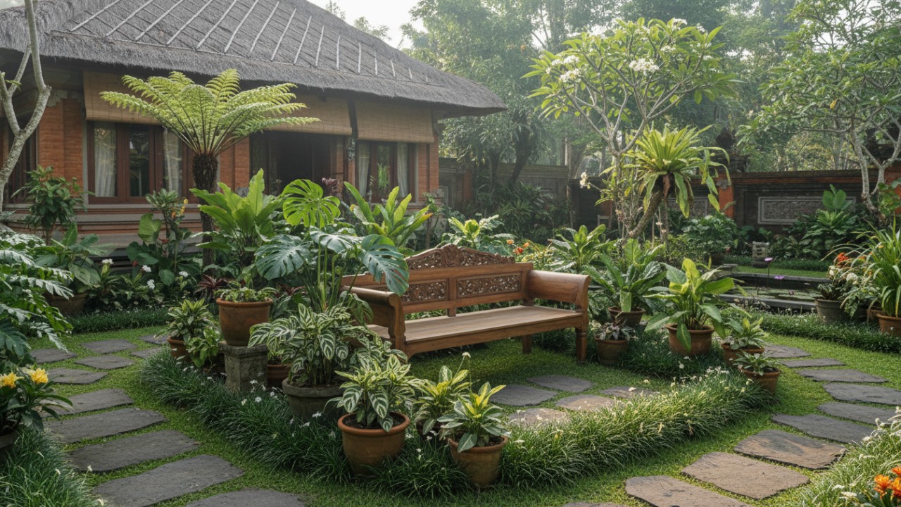 Elemen bangku kayu berpadu tanaman hijau di kebun rumah.