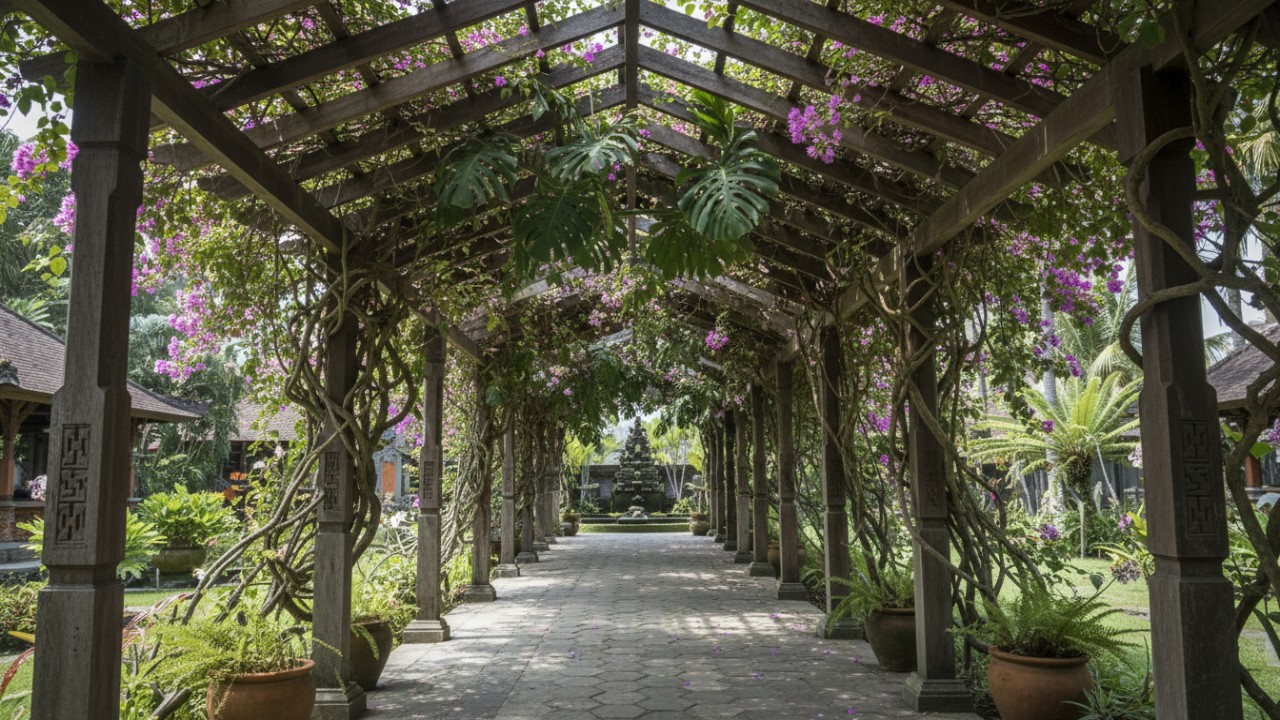 Pergola kayu dilapisi tanaman rambat peneduh.