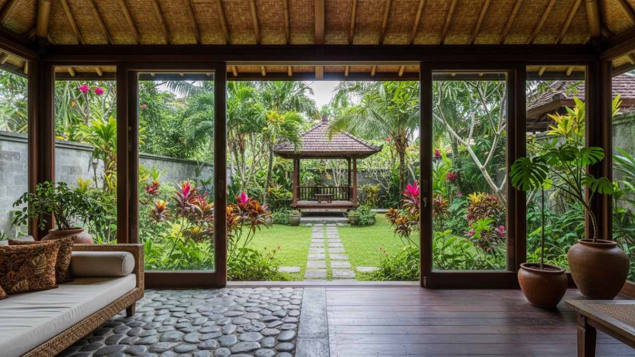 Ruang transisi rumah dengan pintu kaca menghadap kebun.