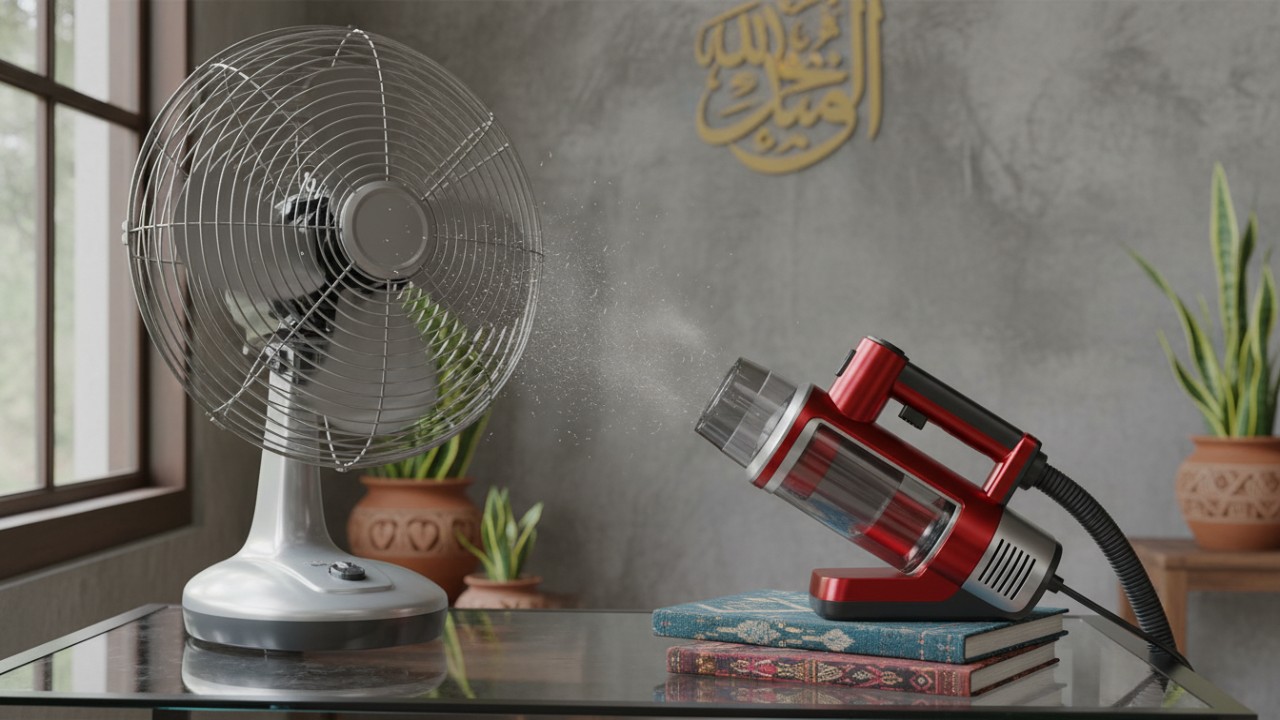 Vacuum cleaner mini menyedot debu di bagian depan kipas.