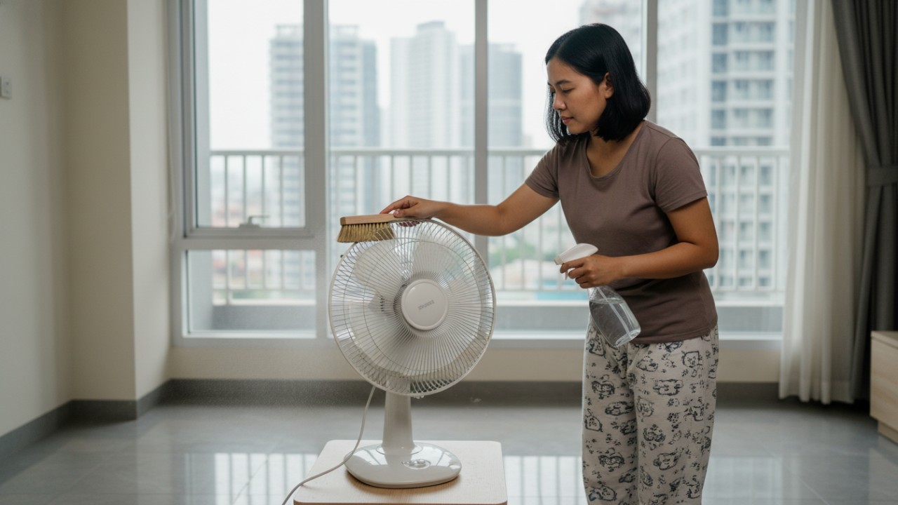 Kipas angin rumah dibersihkan tanpa bongkar menggunakan alat sederhana agar udara ruangan tetap segar.