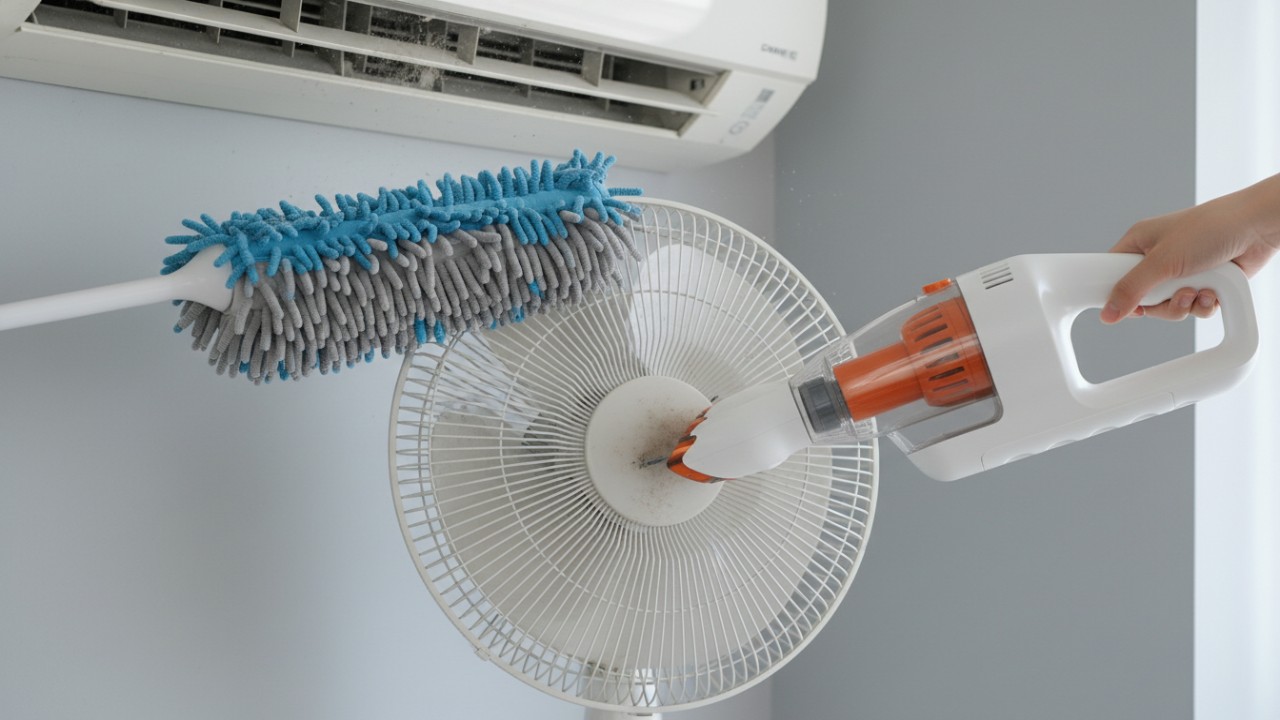 Kemoceng microfiber membersihkan permukaan kisi.  Vacuum cleaner portable menyedot debu di sela pelindung
