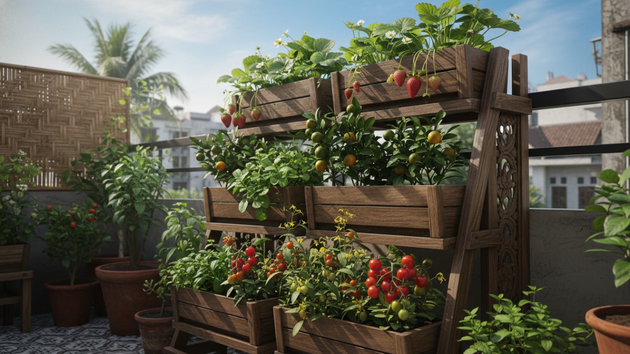 Raised bed kayu membantu pengelolaan media tanam kebun buah.
