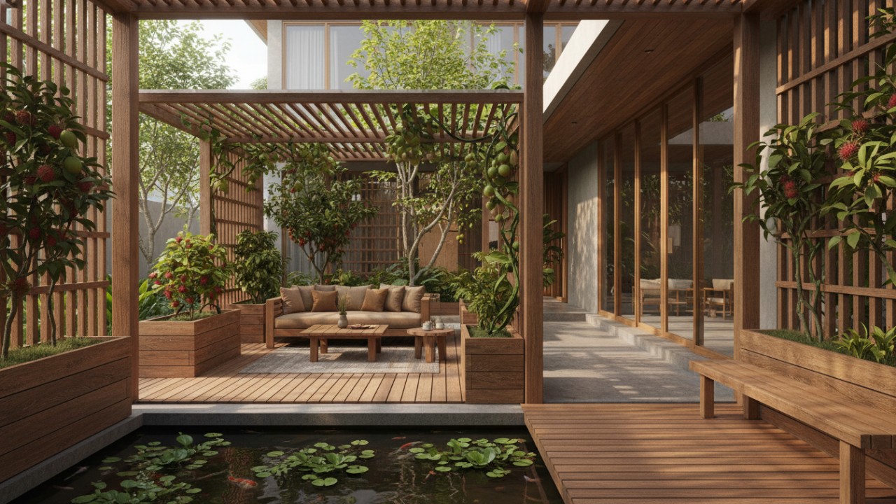 Kebun buah modern dengan struktur kayu rapi menyatu dengan hunian.