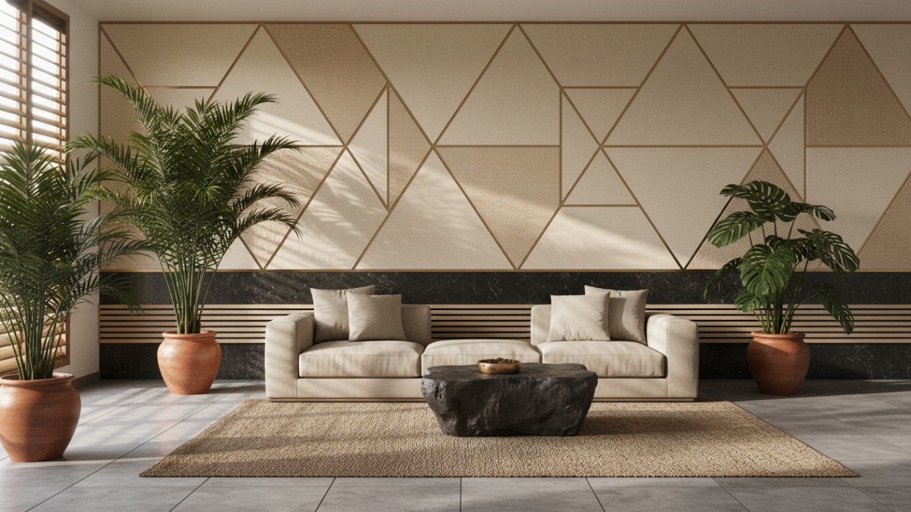 Panel geometris memberi ritme visual yang seimbang.  Material lis dinding modern cocok untuk ruang tamu tropis