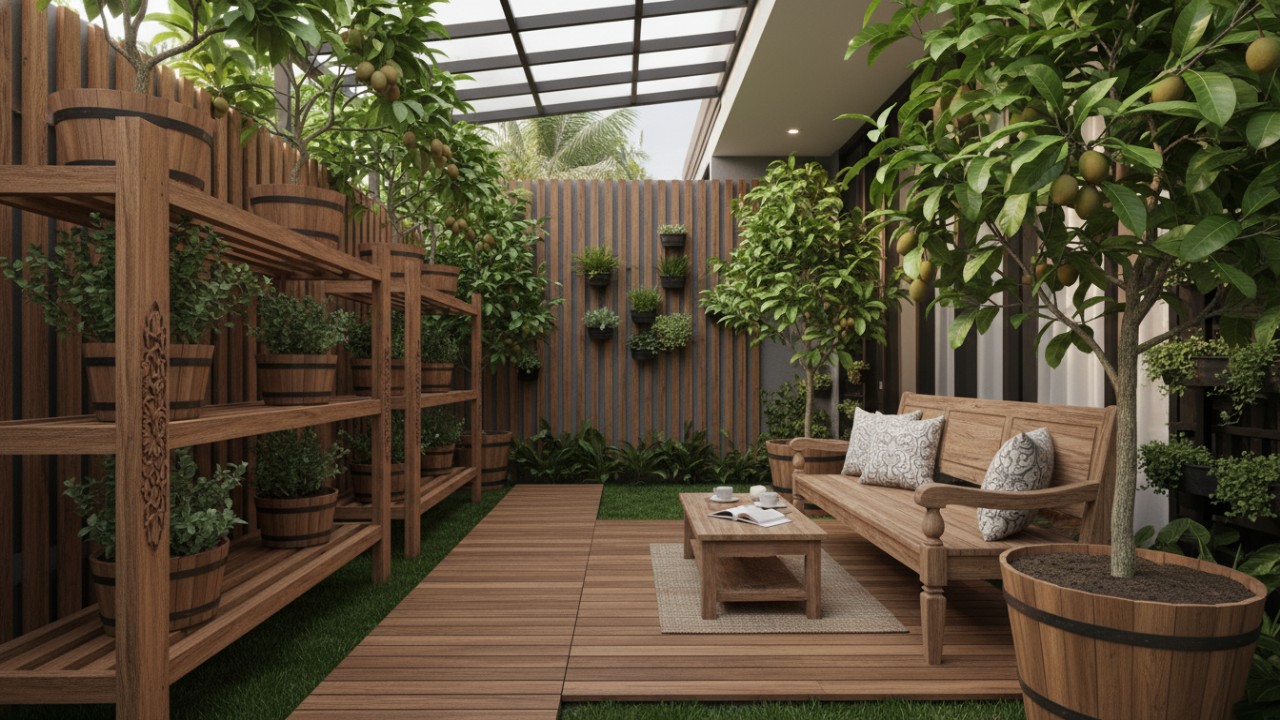 Rak kayu memanjang berisi tanaman buah pada kebun linear rumah.