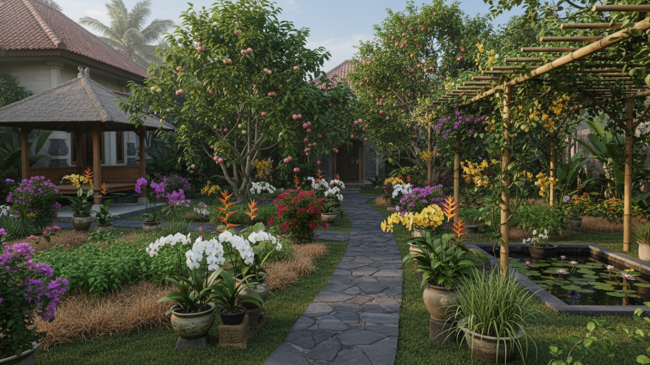 kebun yang di hiasi oleh bunga bunga yang bagus