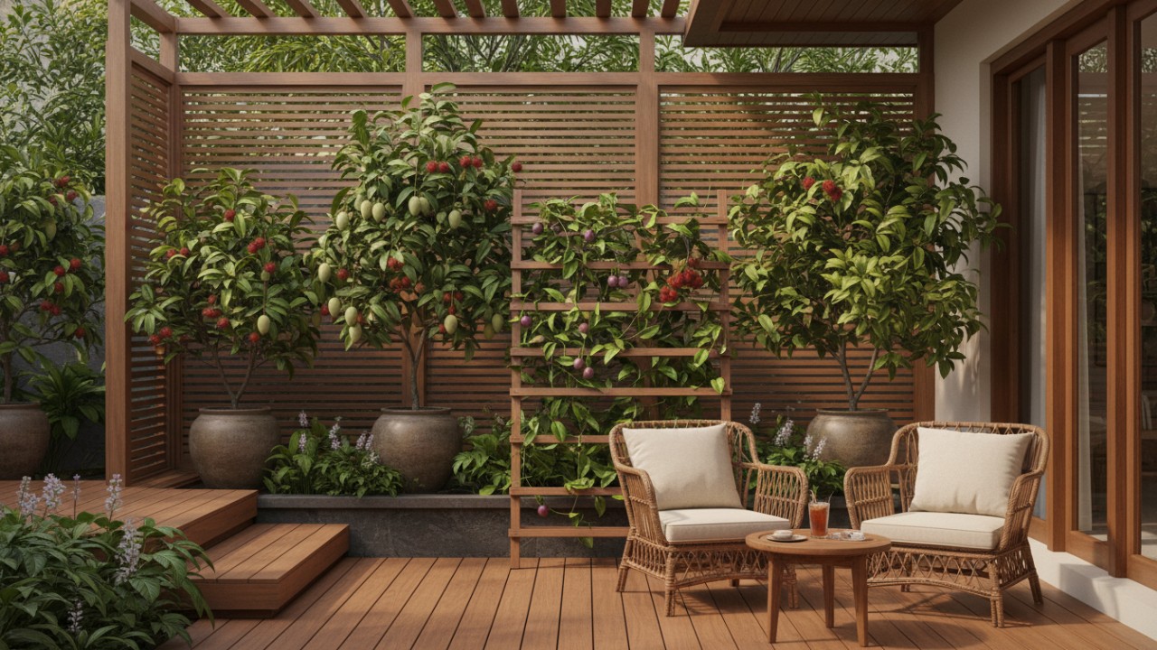 Perpaduan warna kayu dan tanaman buah menciptakan visual seimbang.