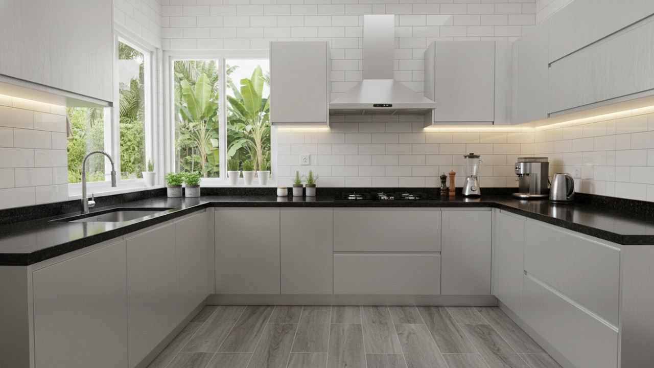 Tampilan dapur modern dengan lemari aluminium minimalis yang rapi dan bersih