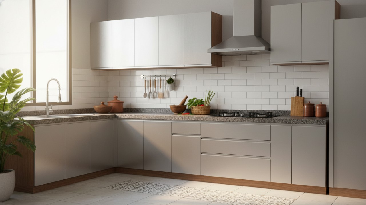 Tampilan dapur modern dengan lemari aluminium minimalis yang rapi dan fungsional.