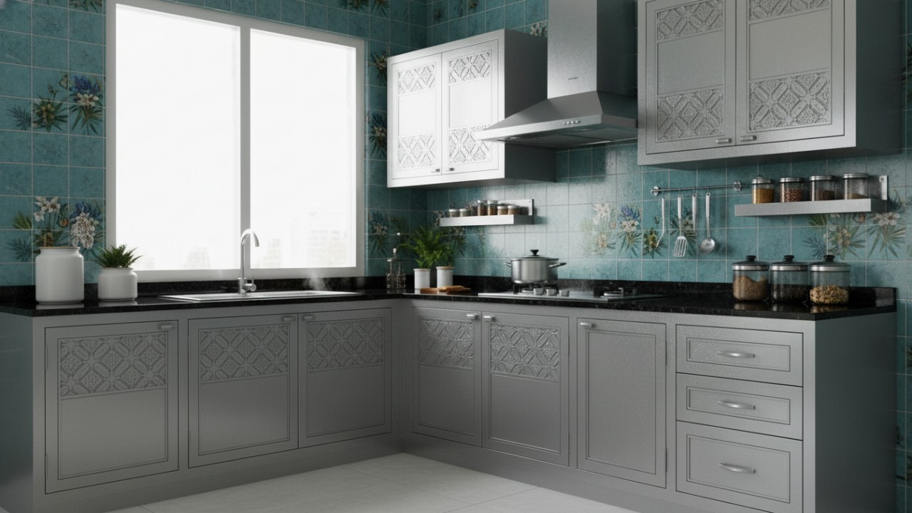 Lemari aluminium warna netral memperkuat kesan bersih di dapur rumah.