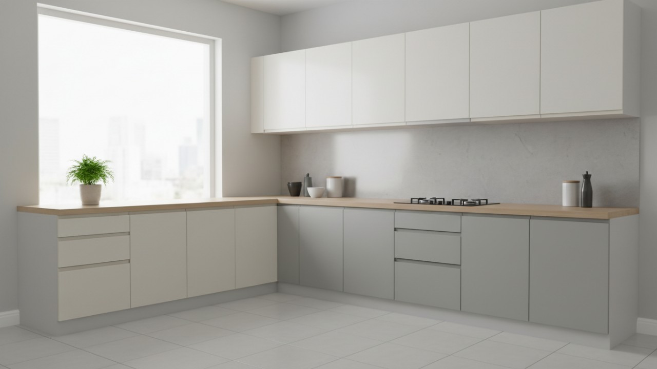 Desain polos dengan warna netral menjadi ciri utama lemari dapur aluminium minimalis. Permukaan rata dan garis tegas menciptakan kesan rapi tanpa elemen berlebihan