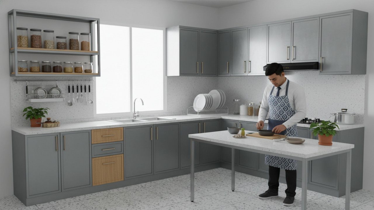 Desain lemari aluminium sederhana mendukung dapur terasa lebih lega.