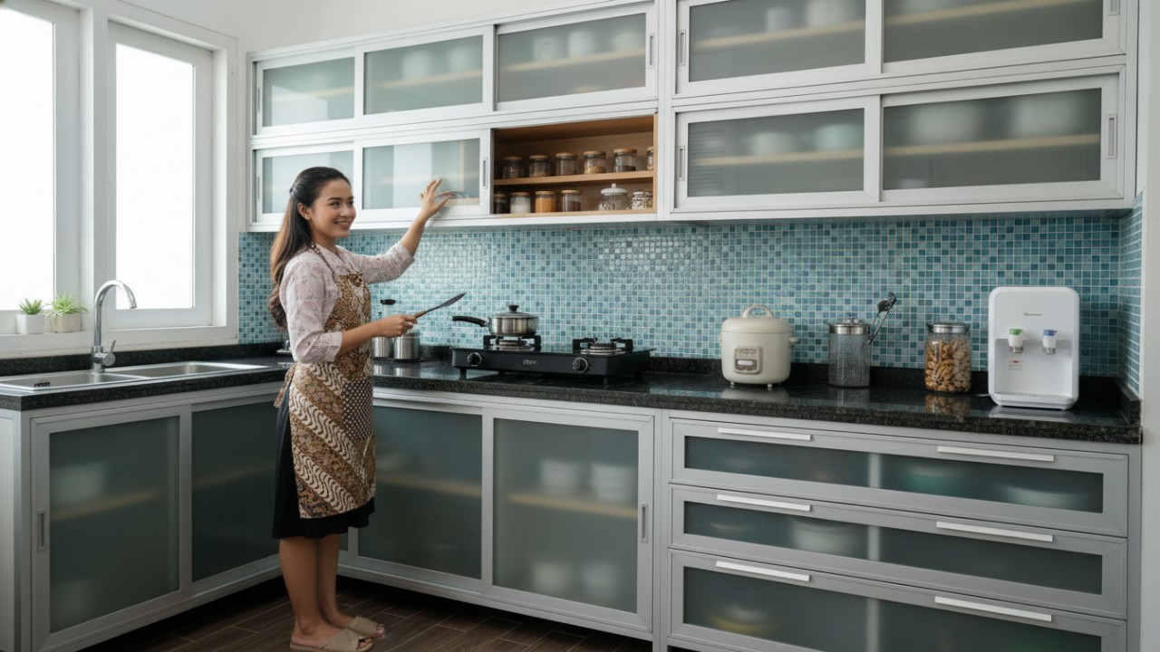 Pintu geser aluminium membantu efisiensi ruang dapur sempit.