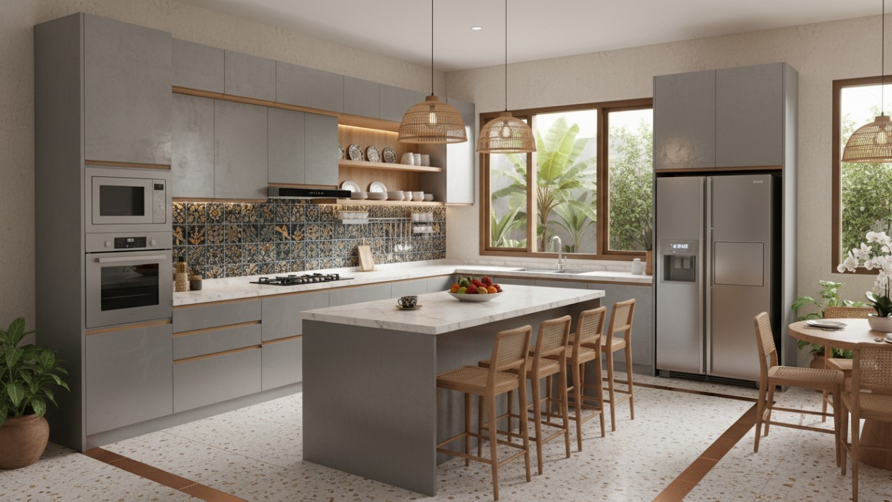 Dapur modern dengan lemari aluminium minimalis yang menyatu rapi dengan ruang