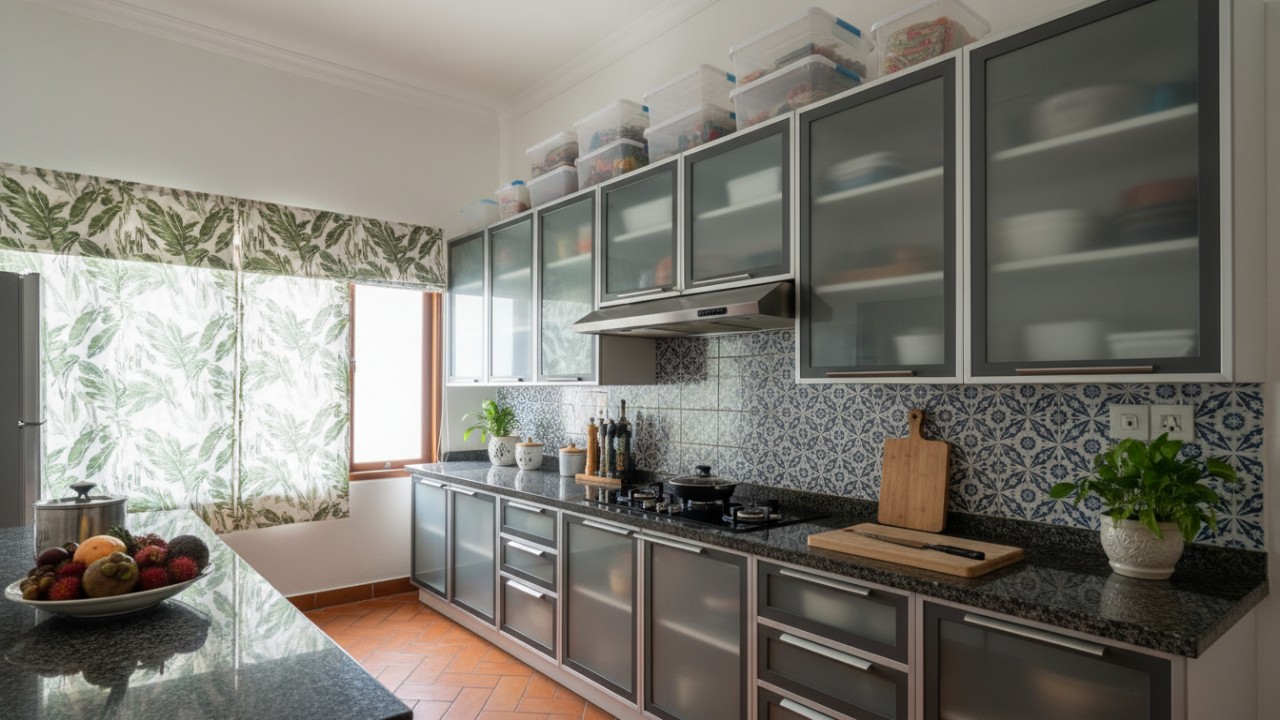 Lemari tinggi hingga plafon menjaga dapur tetap terorganisasi.