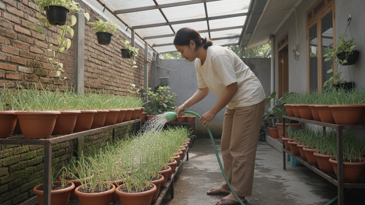 Penyiraman pagi hari di kebun mini