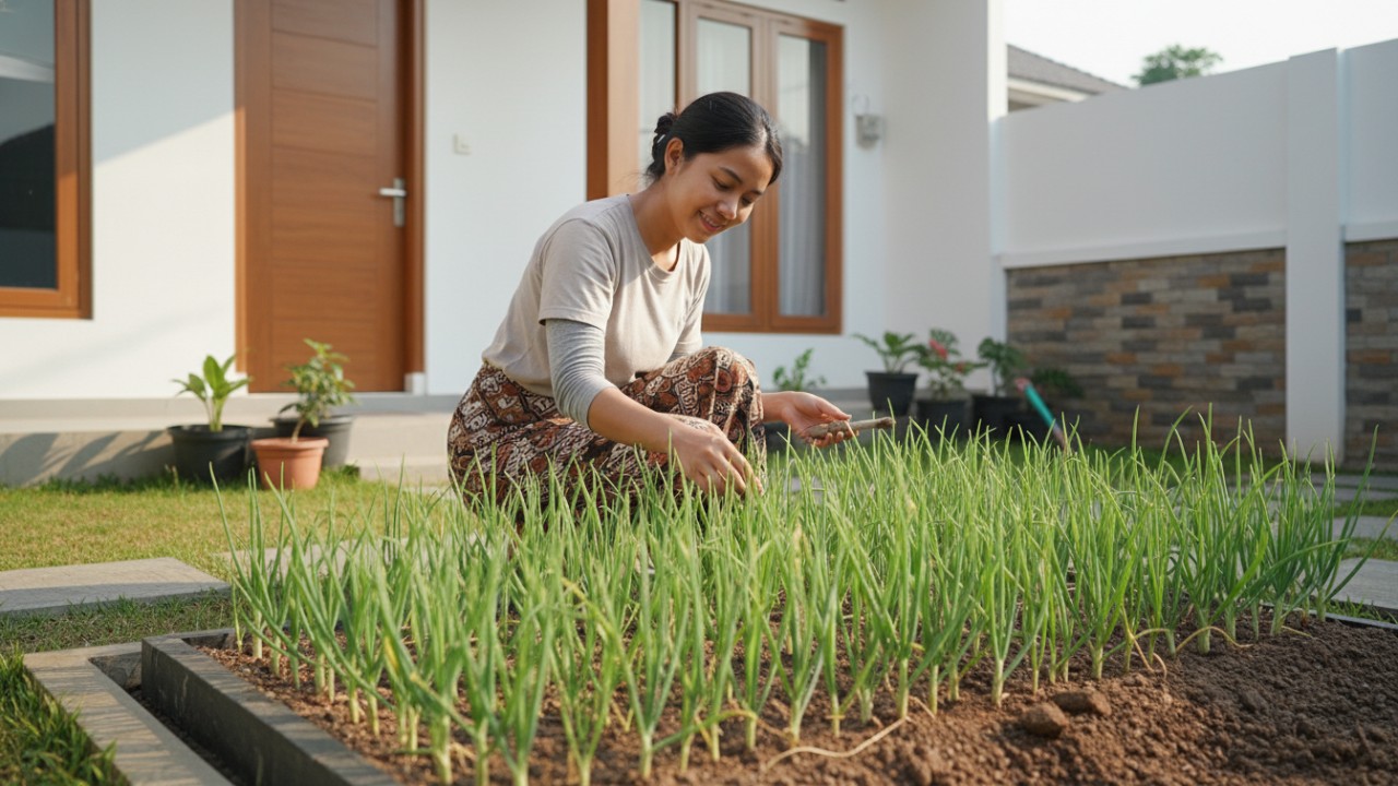 Penyinaran matahari langsung pada kebun bawang merah.