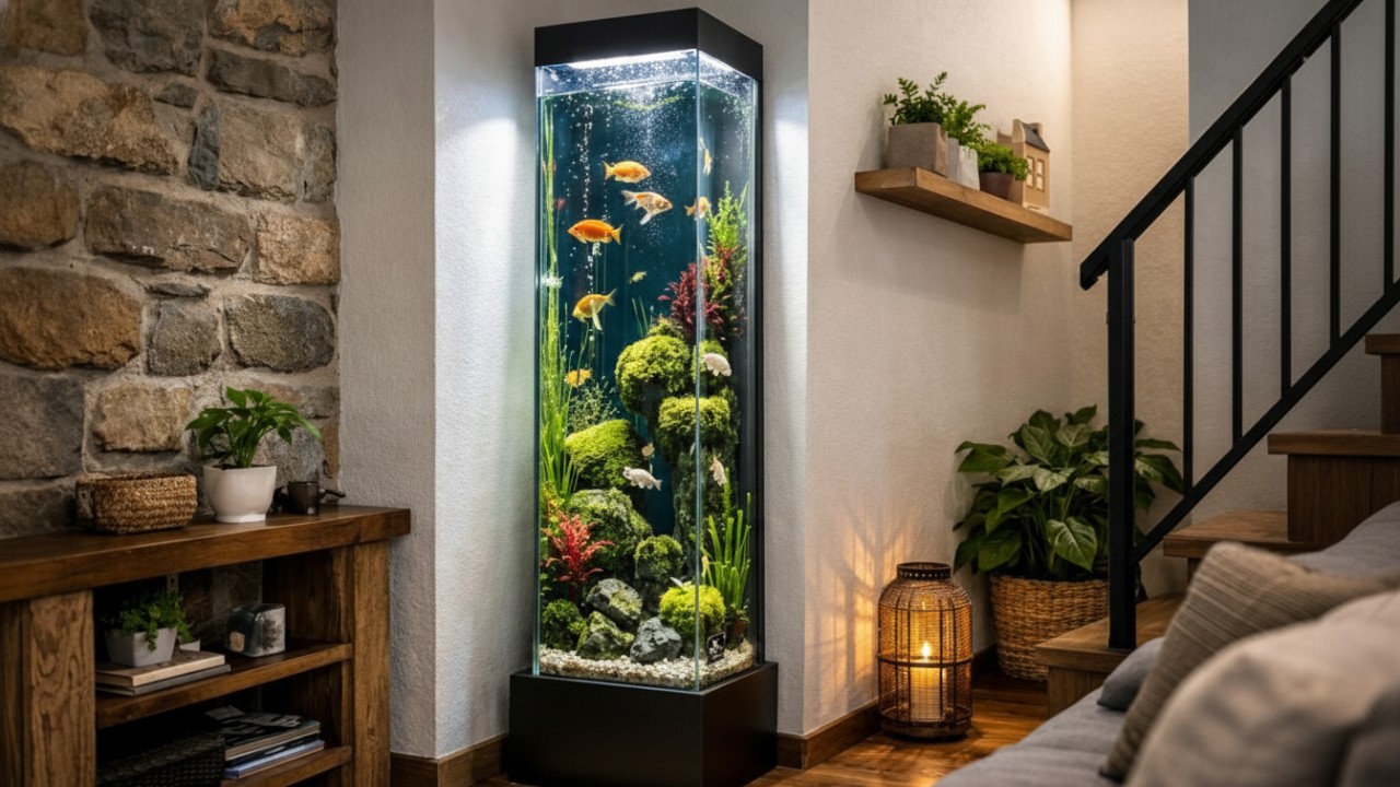 Sudut sempit rumah kecil tampil hidup dengan kolam ikan kaca minimalis vertikal.