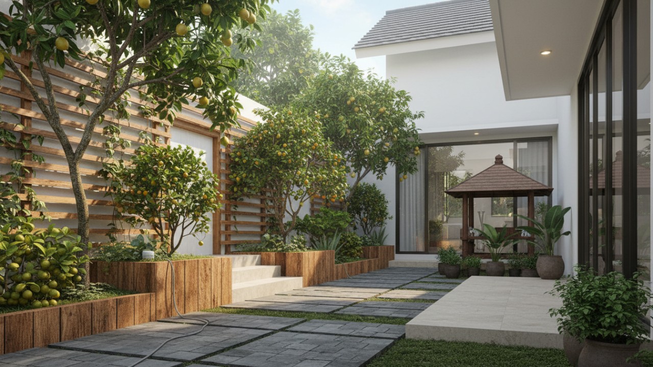 Pergola kayu menopang tanaman rambat di kebun rumah.