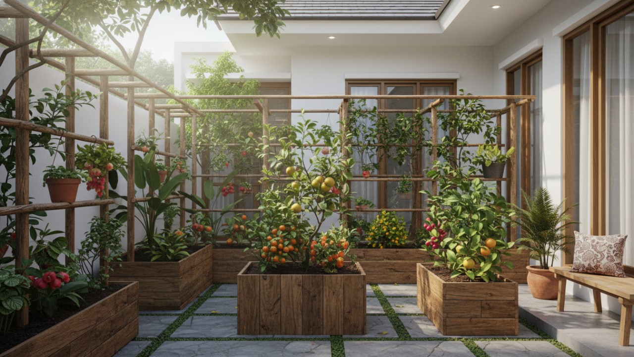 Kebun buah rumahan dengan planter dan struktur kayu alami sebagai elemen utama.