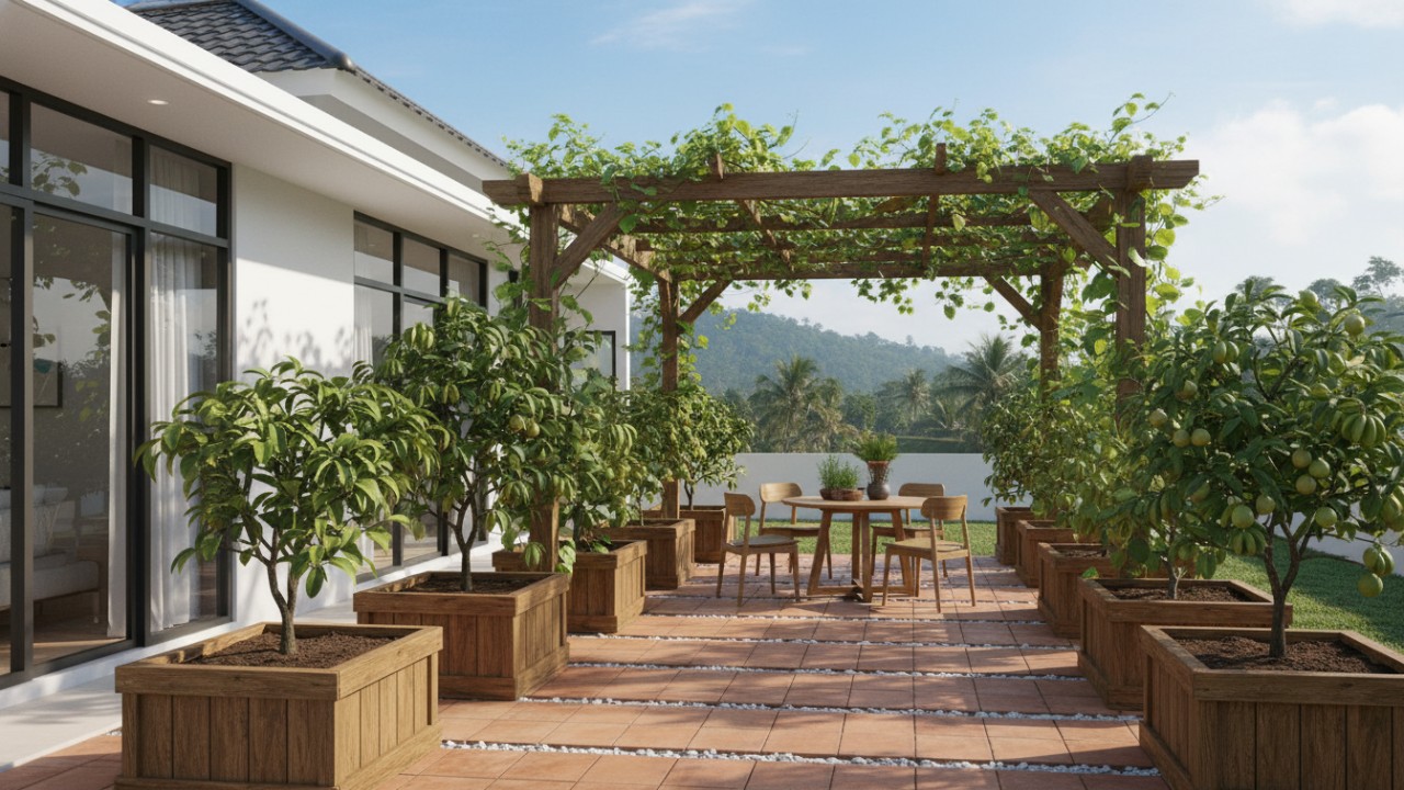 Detail tekstur kayu menyatu dengan lanskap hijau kebun.