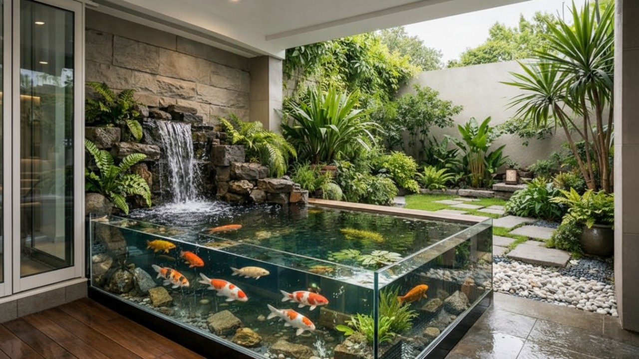 Kolam ikan kaca minimalis semi-indoor berpadu tanaman hijau menghadirkan keseimbangan visual di rumah kecil.