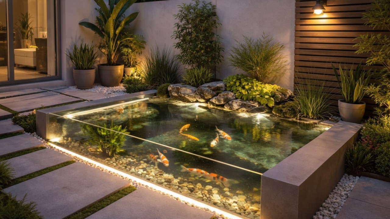 Kolam ikan kaca minimalis dengan LED tersembunyi yang menghadirkan suasana cozy di halaman rumah kecil saat malam hari.