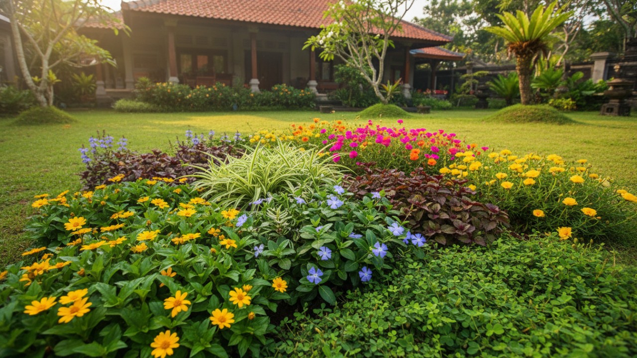 Vinca minor memberi aksen bunga kecil di halaman, Tekstur daun Ajuga memperkaya lanskap rumah.