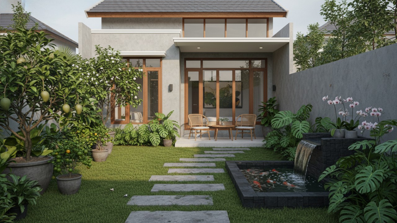 Kebun pekarangan rumah minimalis dengan kombinasi tanaman buah dan tanaman hias yang tertata harmonis.
