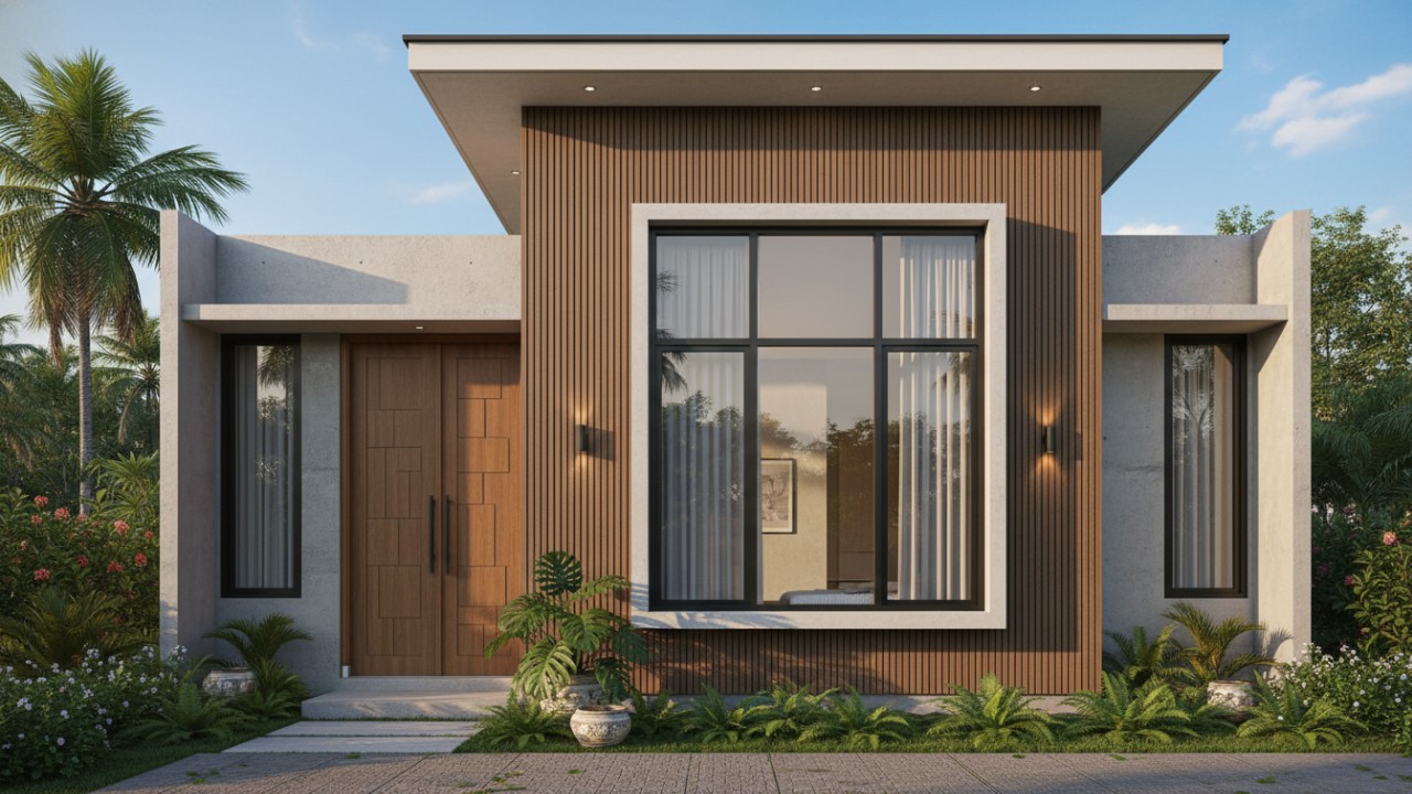 Tampilan fasad rumah modern dengan jendela depan berbingkai tipis.