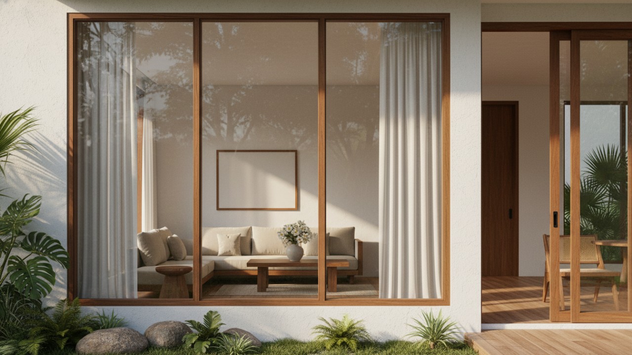 Cahaya alami masuk optimal melalui jendela depan rumah.