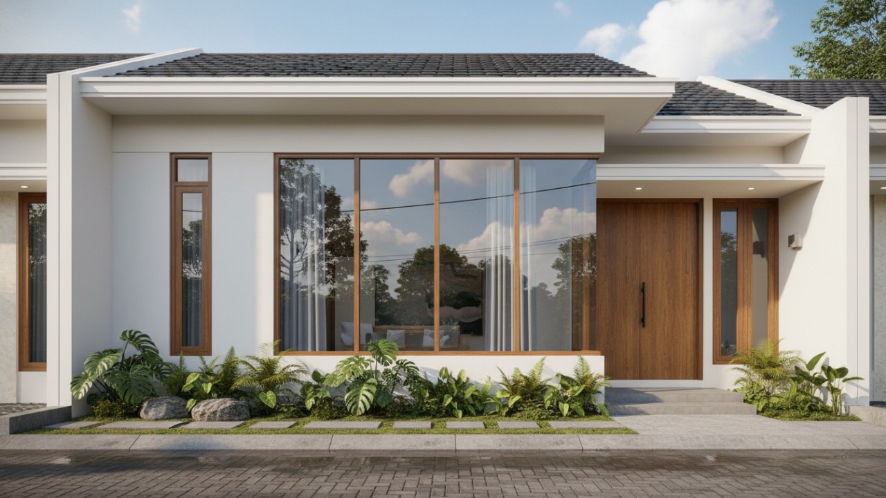 Jendela depan rumah modern dengan garis sederhana dan tampilan bersih.
