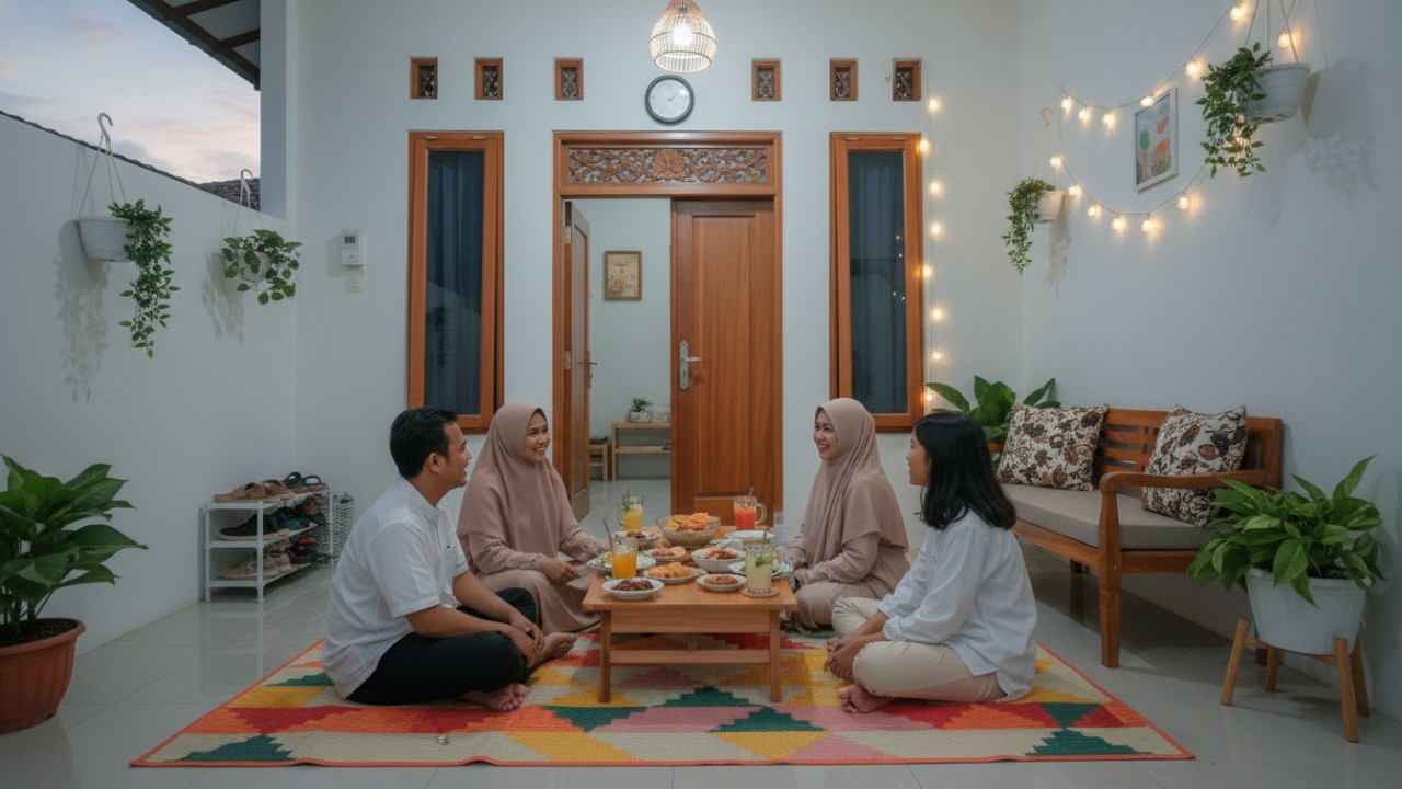 Teras kecil rumah dengan penataan sederhana yang terasa lapang dan nyaman untuk buka bersama Ramadan.