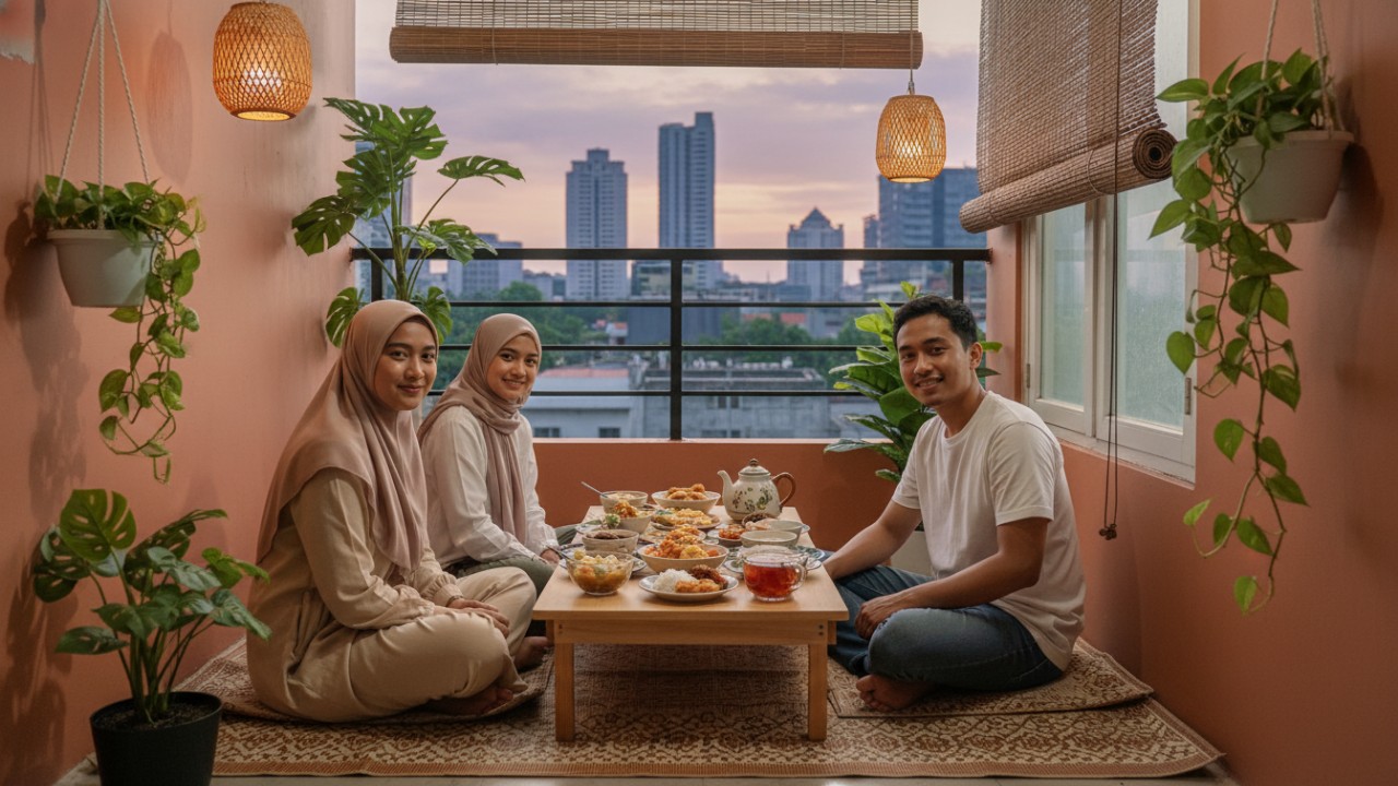 Teras mini dengan desain terbuka siap digunakan untuk buka bersama Ramadan.