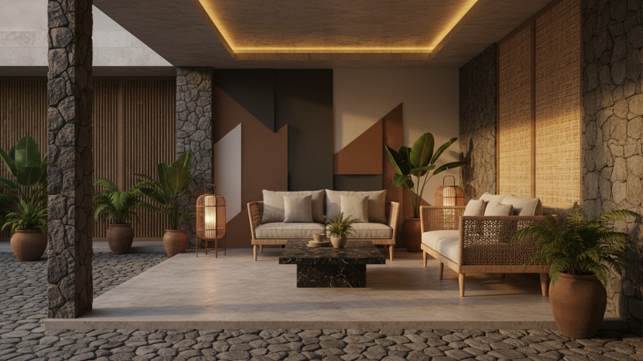 Teras rumah sederhana dengan material alami, garis tegas, dan pencahayaan hangat yang menampilkan kesan elegan.