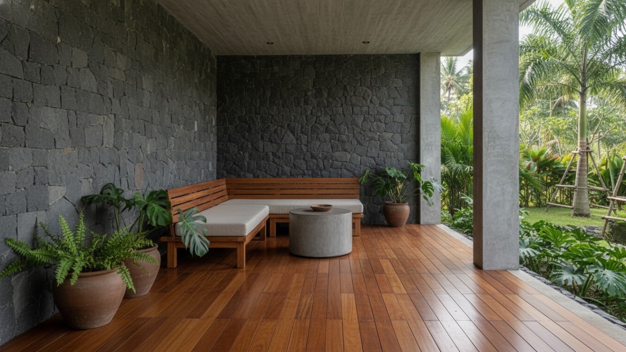 Material alami seperti batu alam, kayu solid, dan beton ekspos bertekstur halus