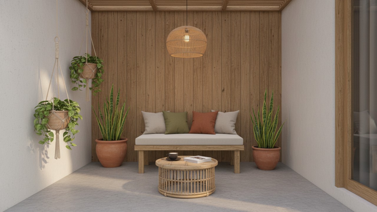 Teras rumah kecil dengan gaya minimal modern, lantai netral, tanaman sederhana, dan pencahayaan hangat.
