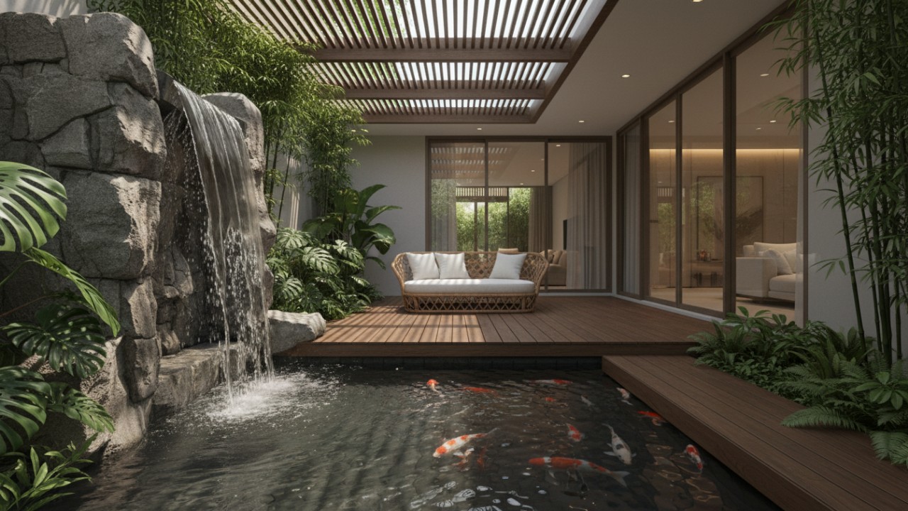 Tekstur batu alam menyatu dengan desain kolam ikan rumah.