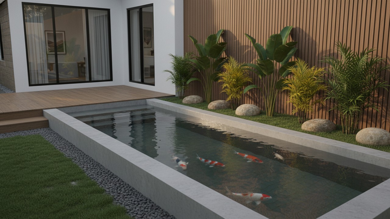 Kolam ikan minimalis dengan bentuk sederhana dan proporsi seimbang.