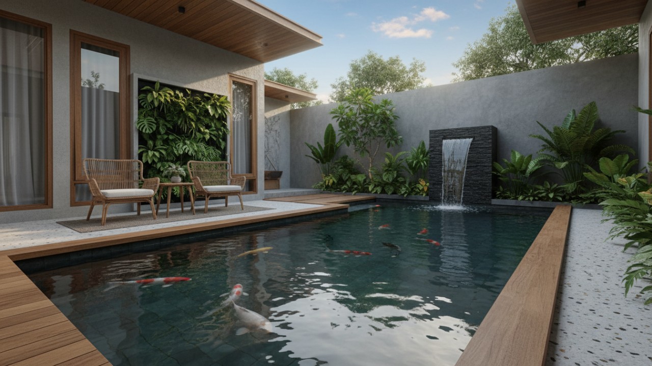 Gerakan air dan ikan mendukung kenyamanan visual rumah tropis.
